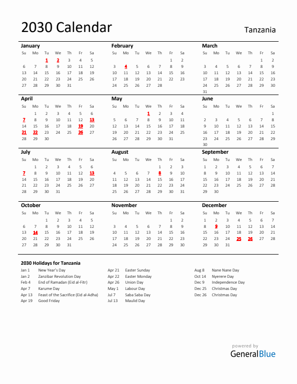 Standard Holiday Calendar for 2030 with Tanzania Holidays 