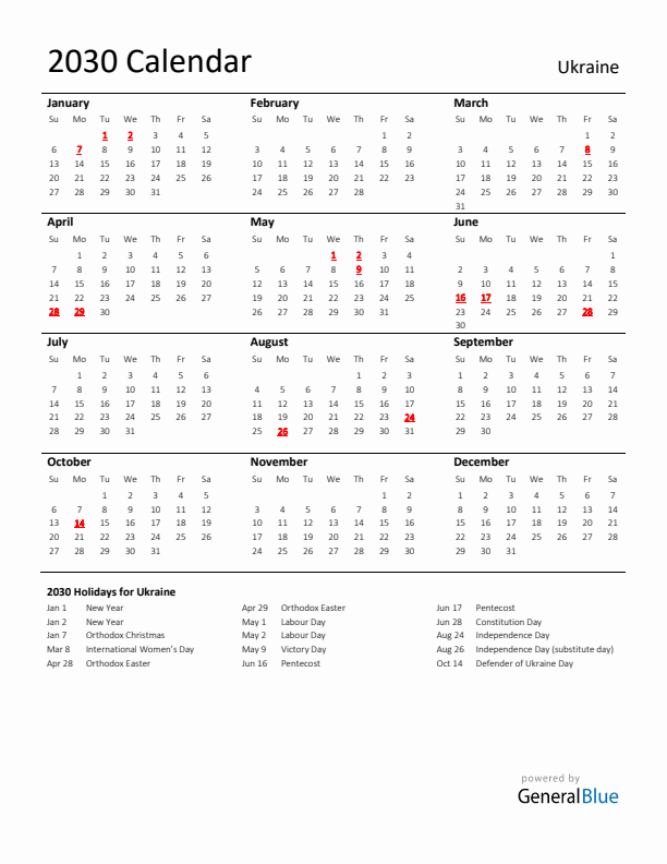 Standard Holiday Calendar for 2030 with Ukraine Holidays 