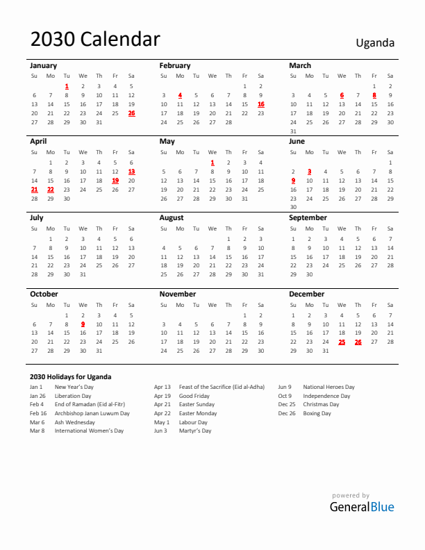 Standard Holiday Calendar for 2030 with Uganda Holidays 