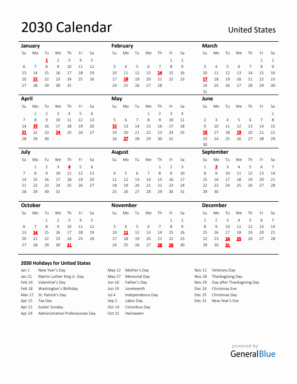 Standard Holiday Calendar for 2030 with United States Holidays 