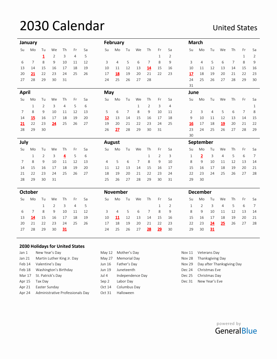 Standard Holiday Calendar for 2030 with United States Holidays