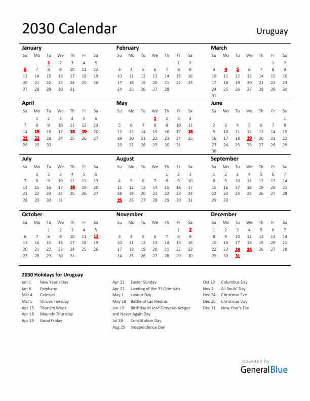 Standard Holiday Calendar for 2030 with Uruguay Holidays 