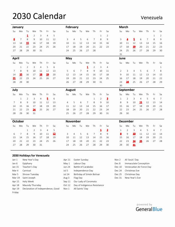 Standard Holiday Calendar for 2030 with Venezuela Holidays 