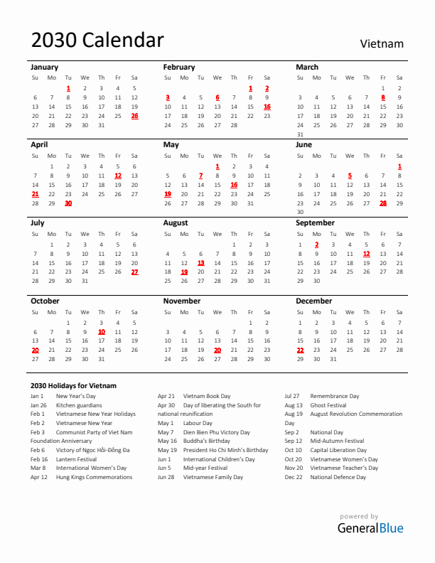 Standard Holiday Calendar for 2030 with Vietnam Holidays 