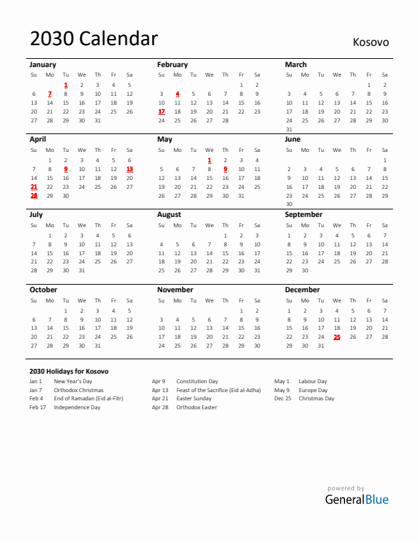 Standard Holiday Calendar for 2030 with Kosovo Holidays 