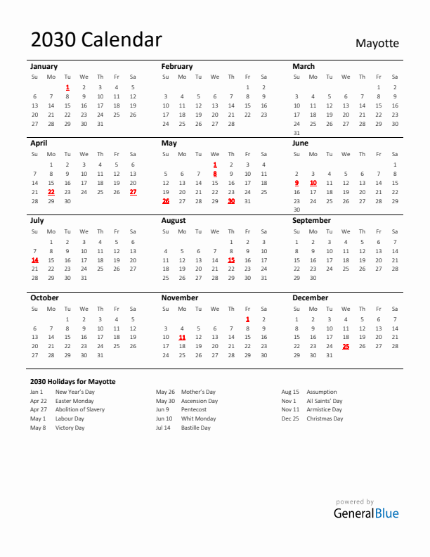 Standard Holiday Calendar for 2030 with Mayotte Holidays 