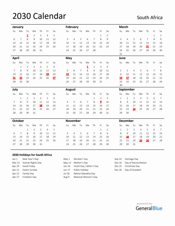 Standard Holiday Calendar for 2030 with South Africa Holidays 