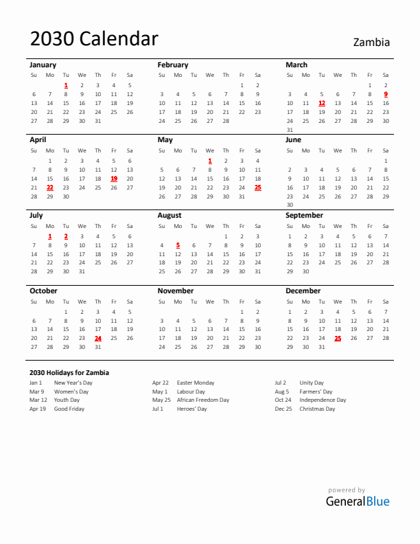 Standard Holiday Calendar for 2030 with Zambia Holidays 