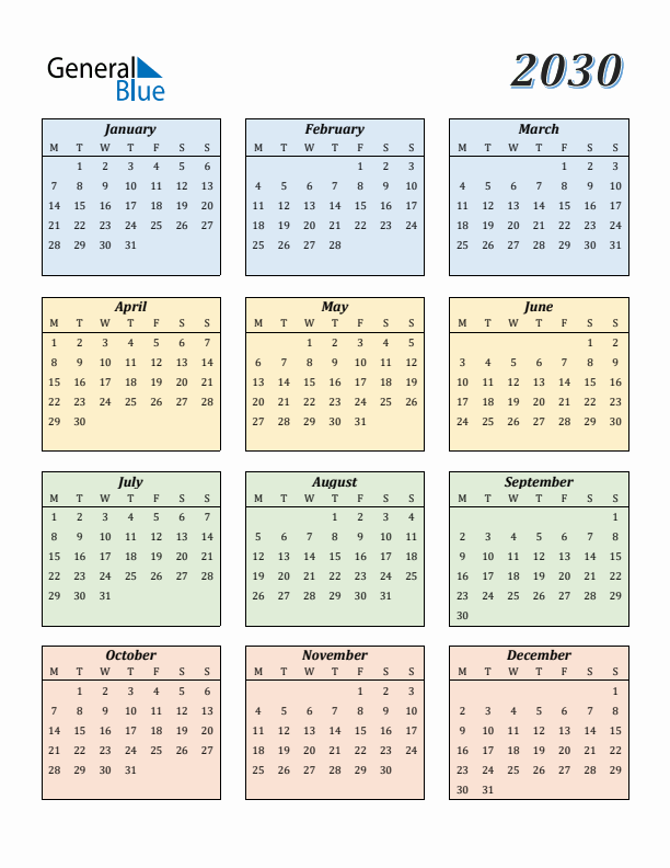 Calendar for 2030 (Monday Start)
