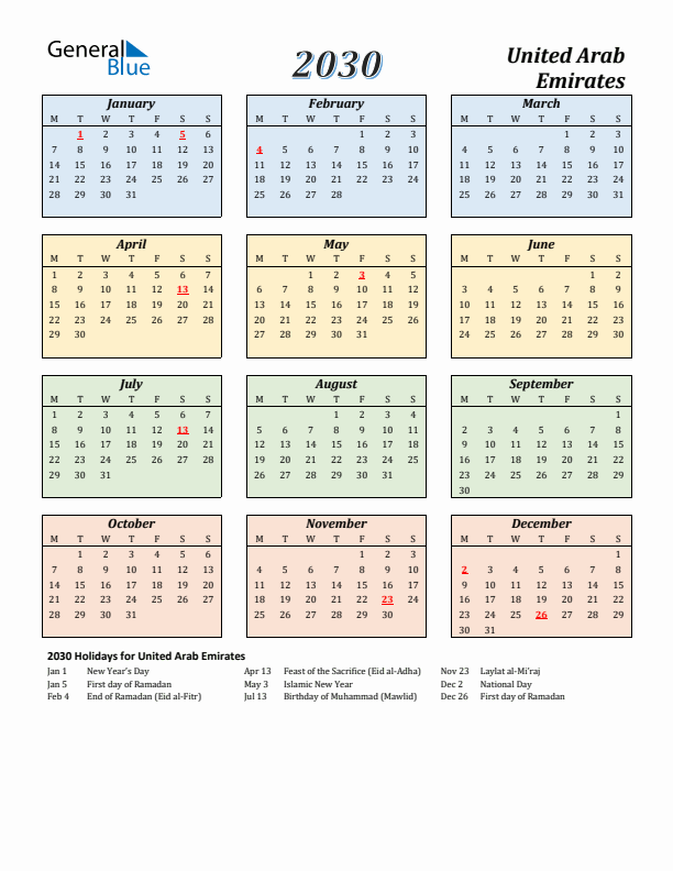 United Arab Emirates Calendar 2030 with Monday Start