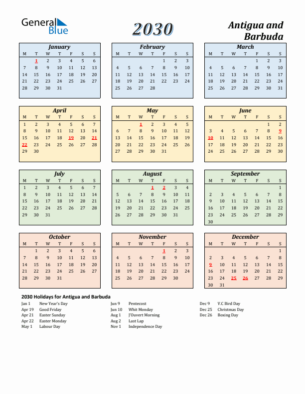 Antigua and Barbuda Calendar 2030 with Monday Start