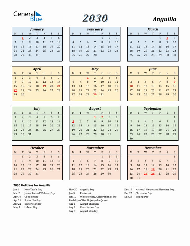 Anguilla Calendar 2030 with Monday Start