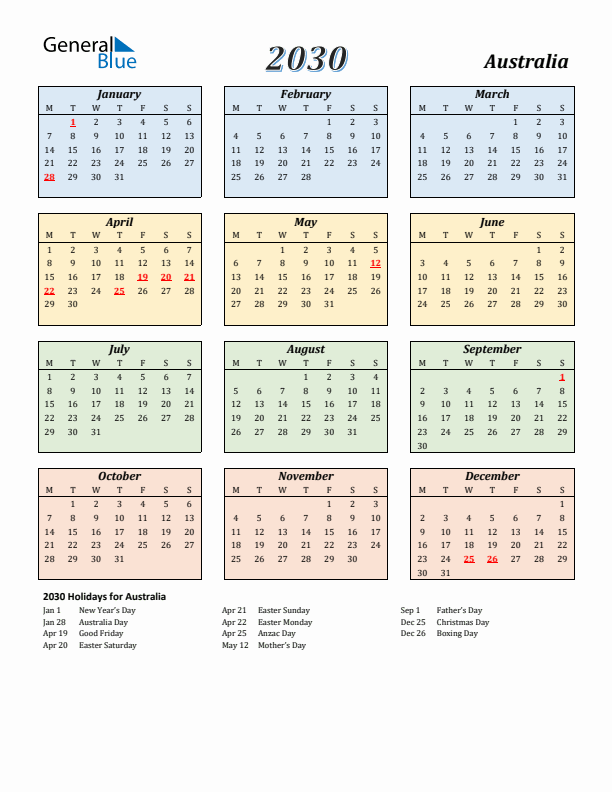 Australia Calendar 2030 with Monday Start