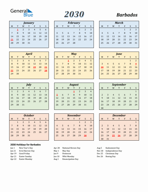 Barbados Calendar 2030 with Monday Start