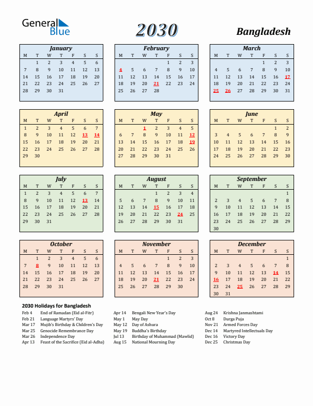 Bangladesh Calendar 2030 with Monday Start