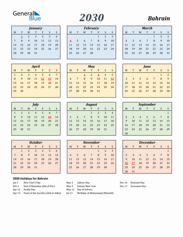 Bahrain Calendar 2030 with Monday Start