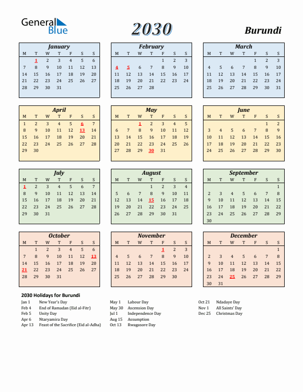 Burundi Calendar 2030 with Monday Start