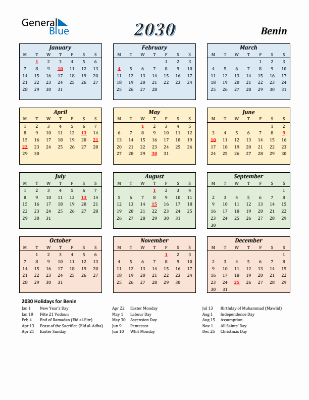 Benin Calendar 2030 with Monday Start