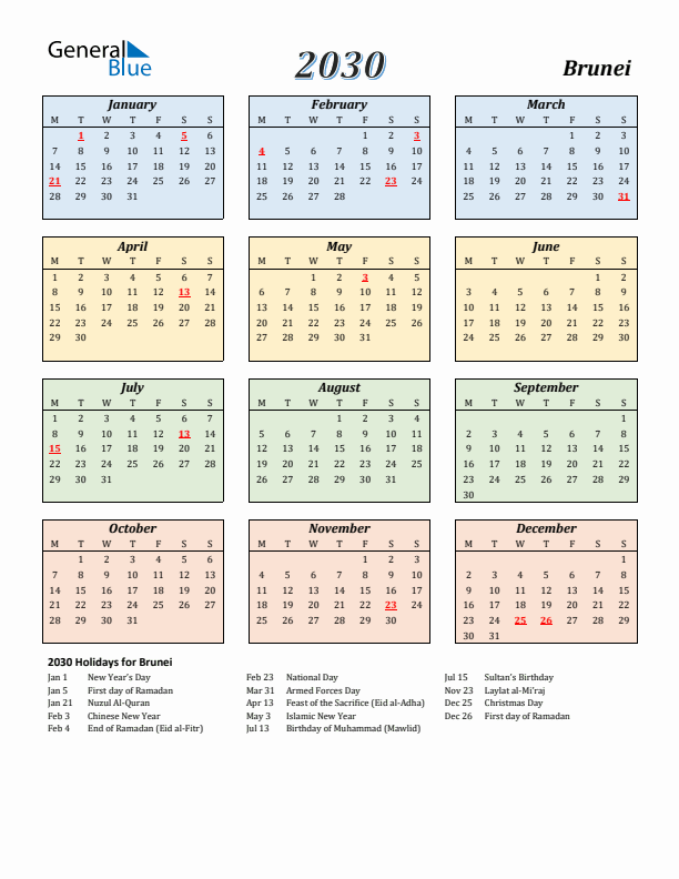 Brunei Calendar 2030 with Monday Start