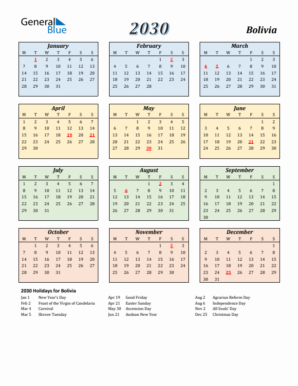 Bolivia Calendar 2030 with Monday Start