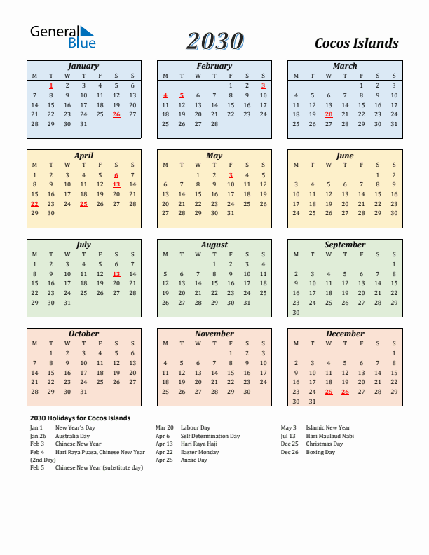 Cocos Islands Calendar 2030 with Monday Start