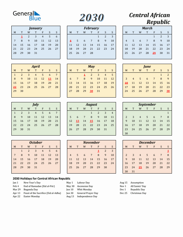 Central African Republic Calendar 2030 with Monday Start