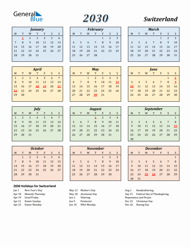 Switzerland Calendar 2030 with Monday Start