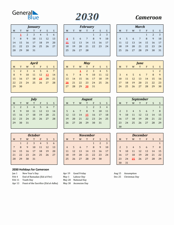 Cameroon Calendar 2030 with Monday Start