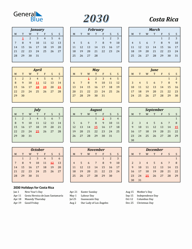 Costa Rica Calendar 2030 with Monday Start