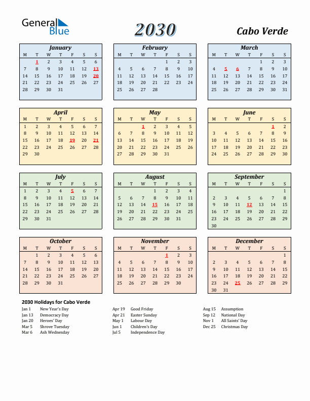 Cabo Verde Calendar 2030 with Monday Start