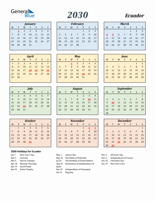 Ecuador Calendar 2030 with Monday Start