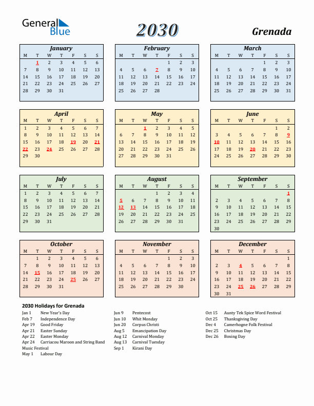 Grenada Calendar 2030 with Monday Start