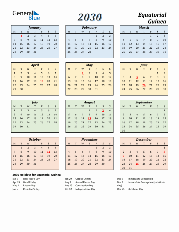 Equatorial Guinea Calendar 2030 with Monday Start