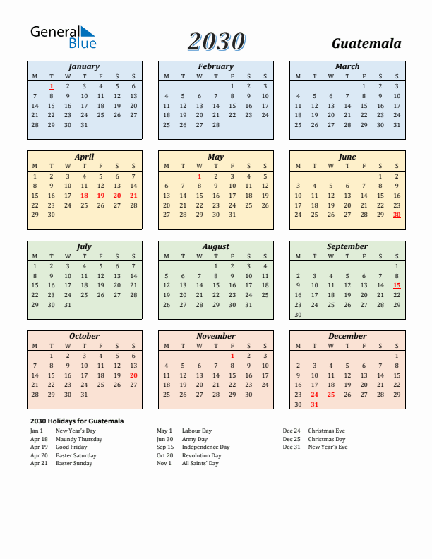 Guatemala Calendar 2030 with Monday Start