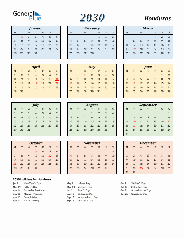 Honduras Calendar 2030 with Monday Start