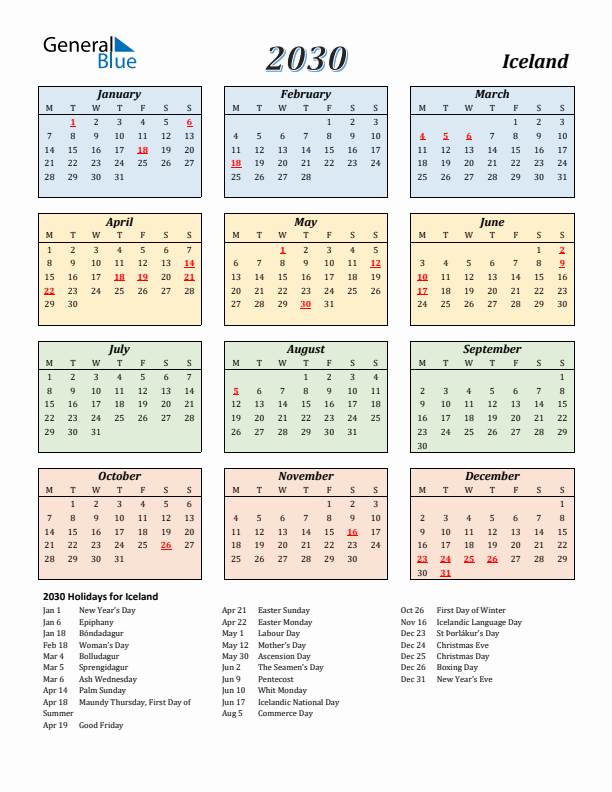 Iceland Calendar 2030 with Monday Start