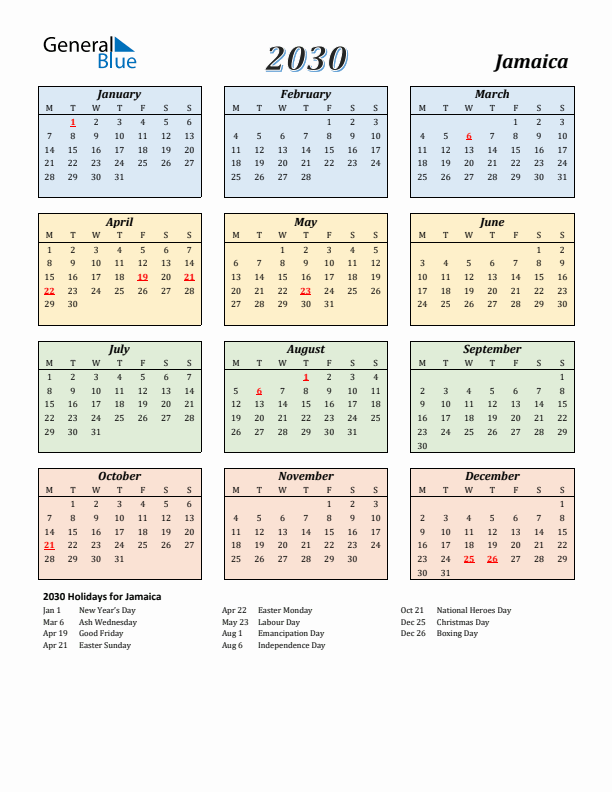 Jamaica Calendar 2030 with Monday Start