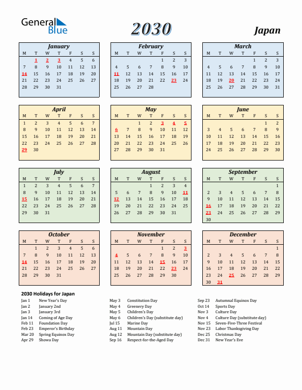 Japan Calendar 2030 with Monday Start