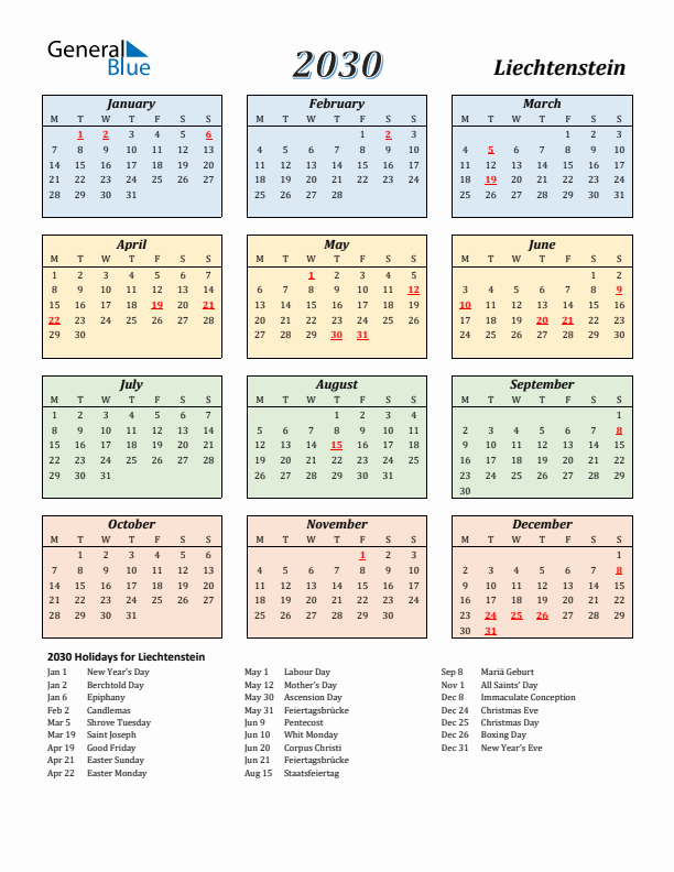 Liechtenstein Calendar 2030 with Monday Start