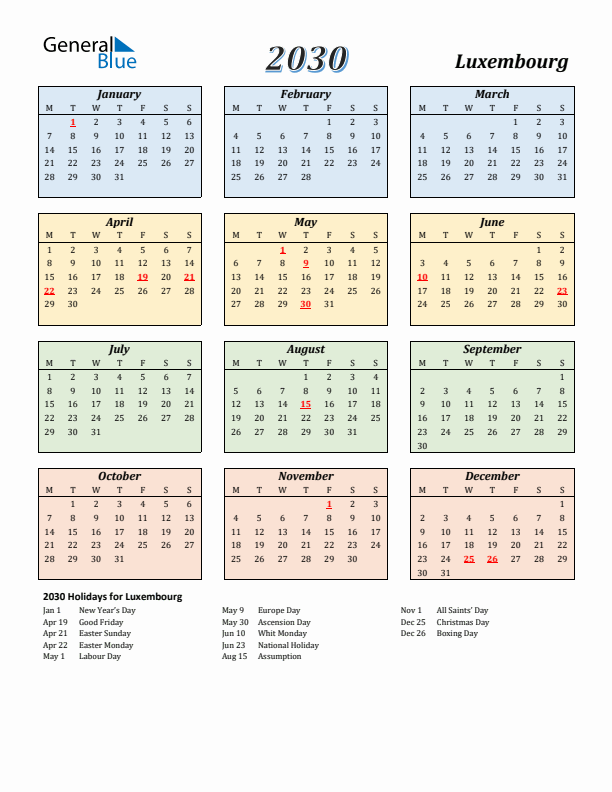 Luxembourg Calendar 2030 with Monday Start