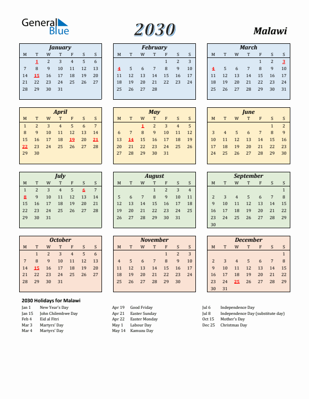 Malawi Calendar 2030 with Monday Start