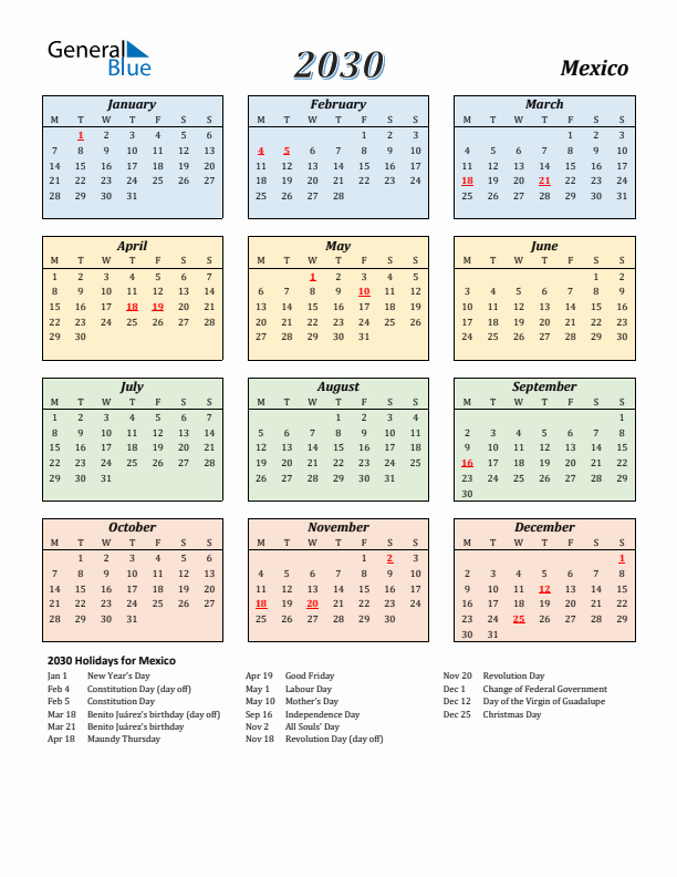 Mexico Calendar 2030 with Monday Start