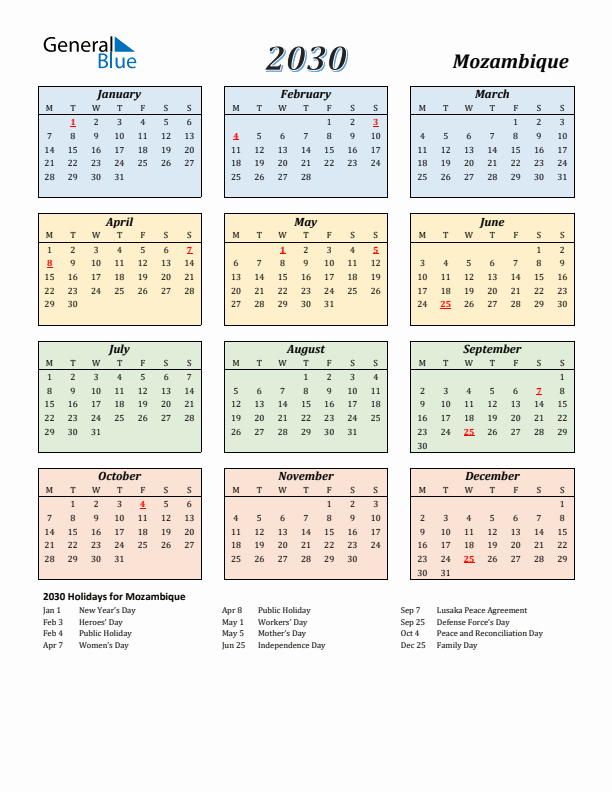 Mozambique Calendar 2030 with Monday Start