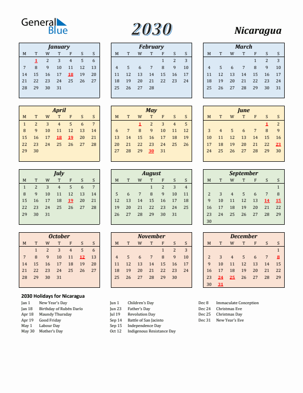 Nicaragua Calendar 2030 with Monday Start