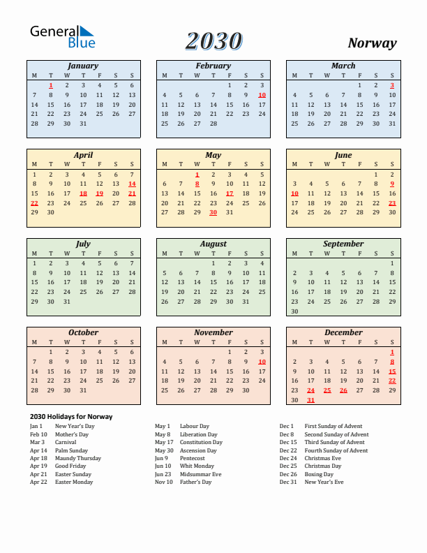 Norway Calendar 2030 with Monday Start