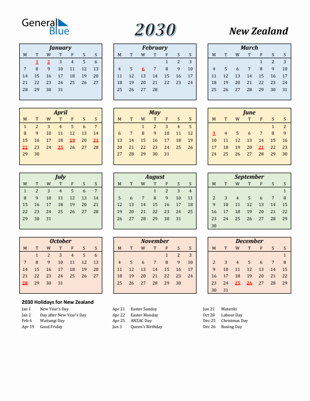 New Zealand Calendar 2030 with Monday Start