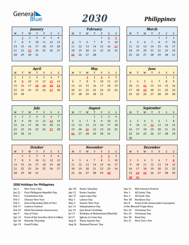 Philippines Calendar 2030 with Monday Start