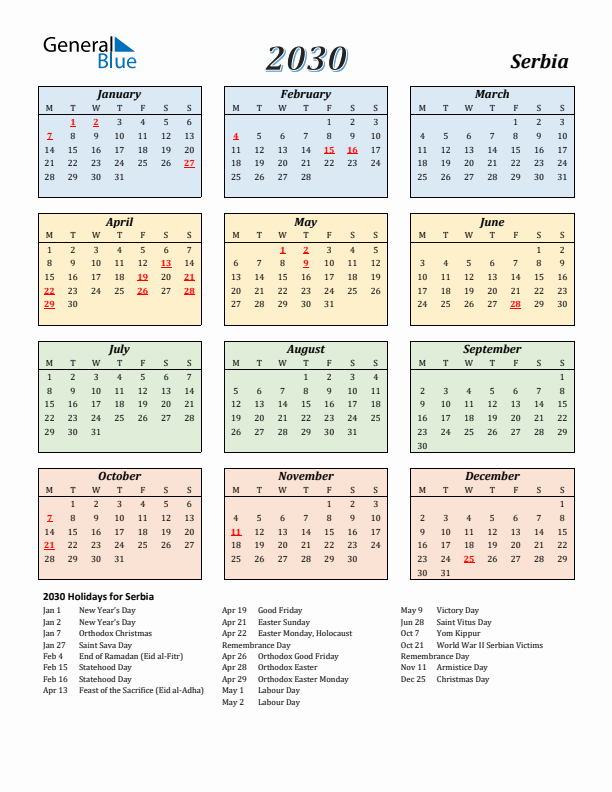 Serbia Calendar 2030 with Monday Start