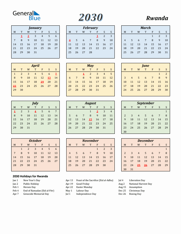 Rwanda Calendar 2030 with Monday Start