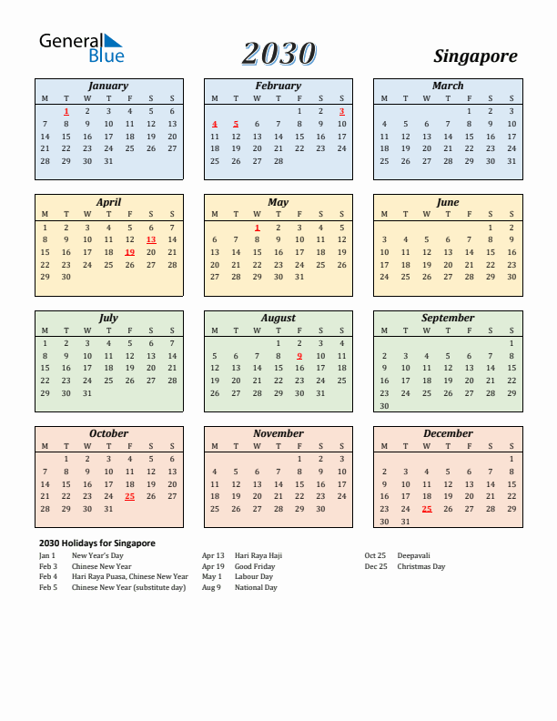 Singapore Calendar 2030 with Monday Start